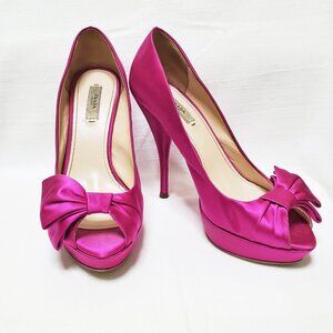 Prada Satin Bow Stiletto Peep Toe Fuschia Pleat Ribbon Size 38.5